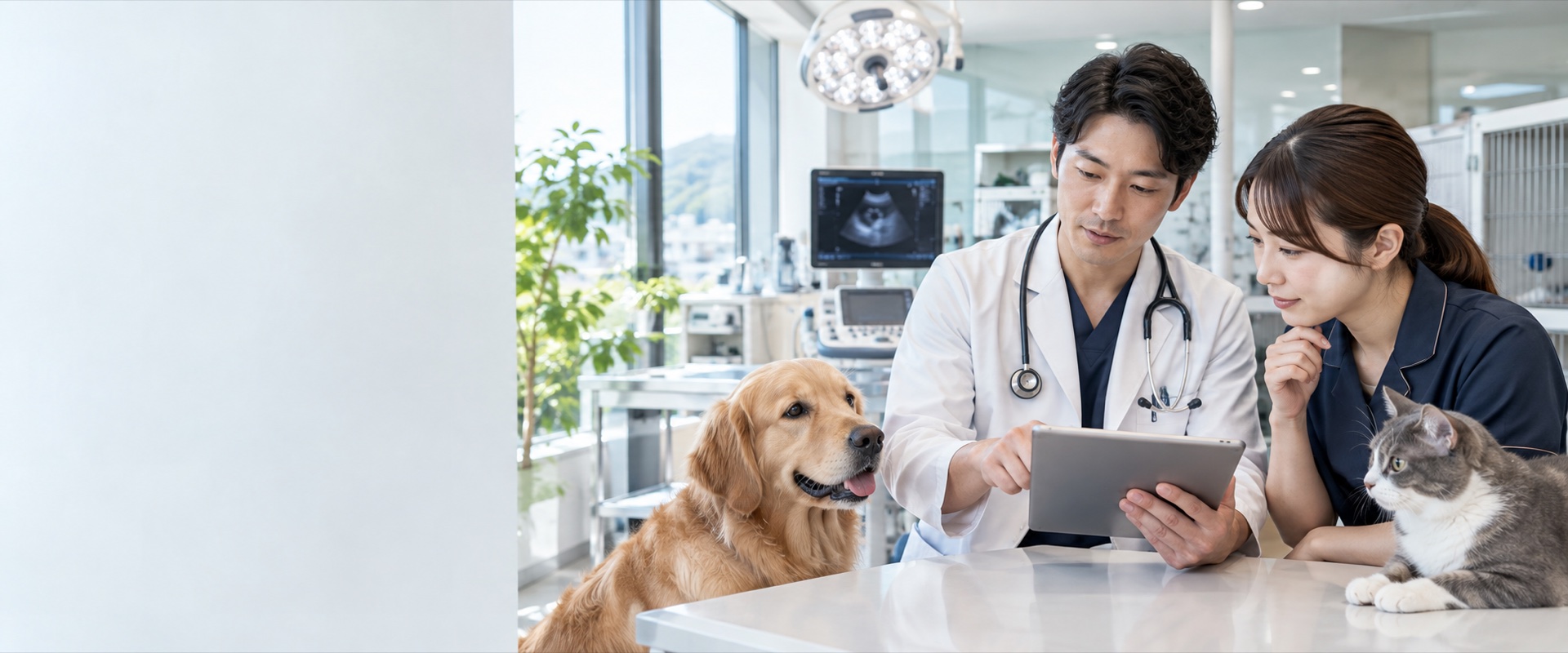 設備更新の計画を確認する動物病院の獣医師とスタッフ